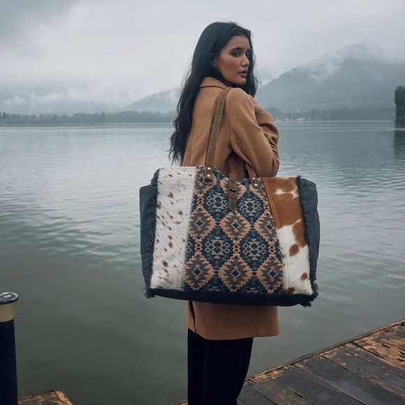 Myra Bag Handbags - Myra Bag Handmade Vanessia Weekender Tote Bag Upcycled Canvas & Cowhide Leather
